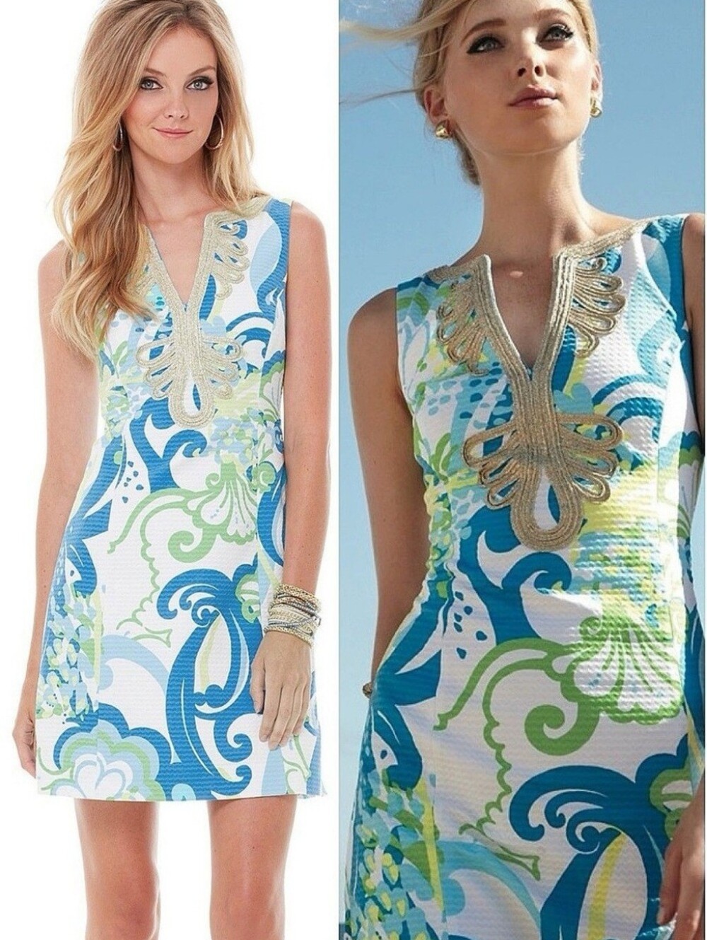 Lilly Pulitzer Janice Shift Dress Lighthouse Pattern with Gold Embroidery
